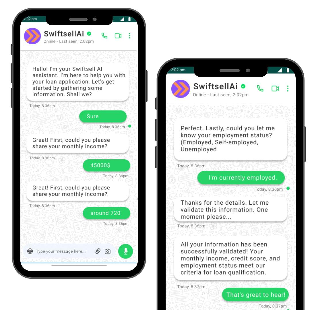 Swiftsell AI WhatsApp chatbot guiding a user to complete a loan application by uploading their income statement for personalized assistance.