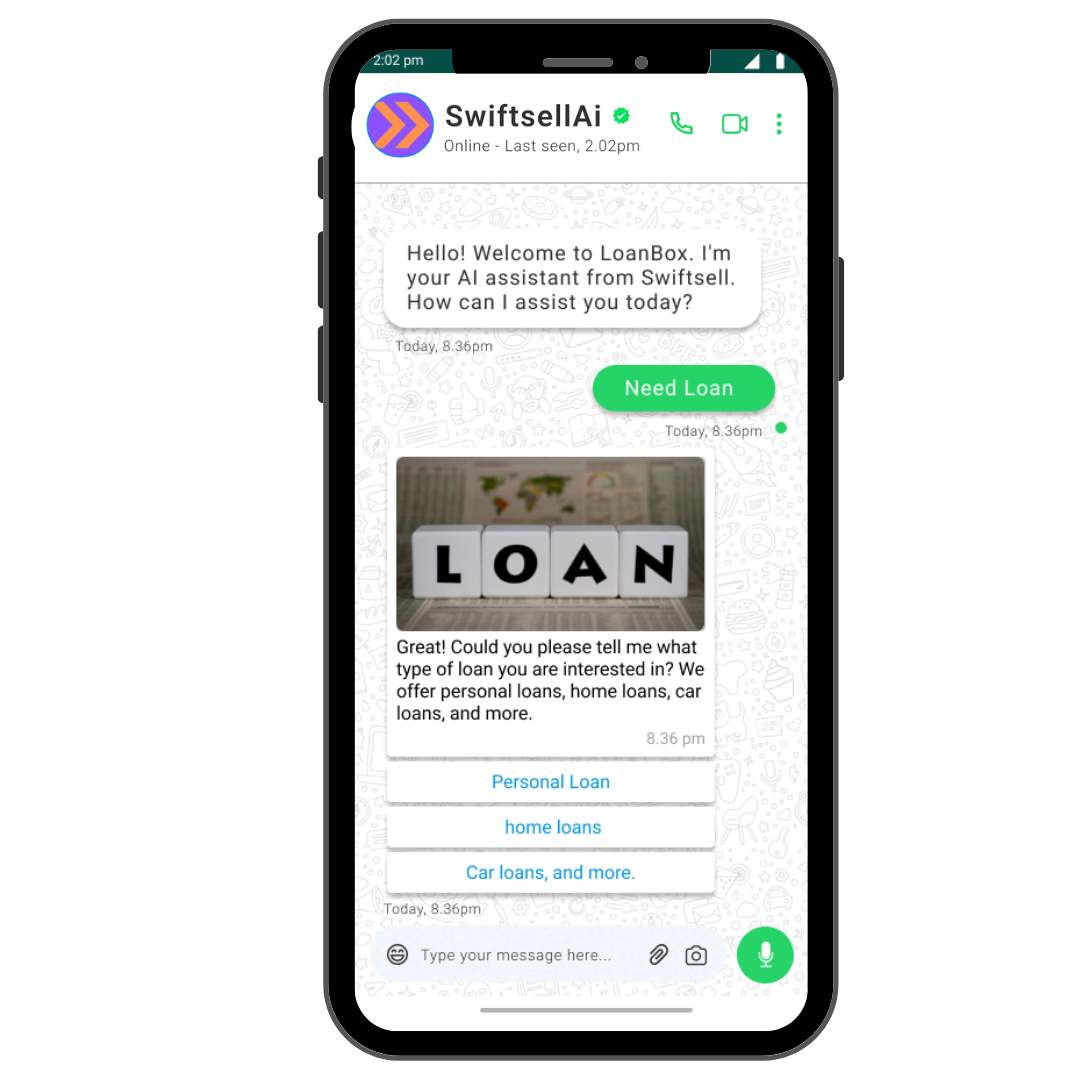 Swiftsell AI virtual assistant on WhatsApp helping a user inquire about loans with options for personal, home, and car loans